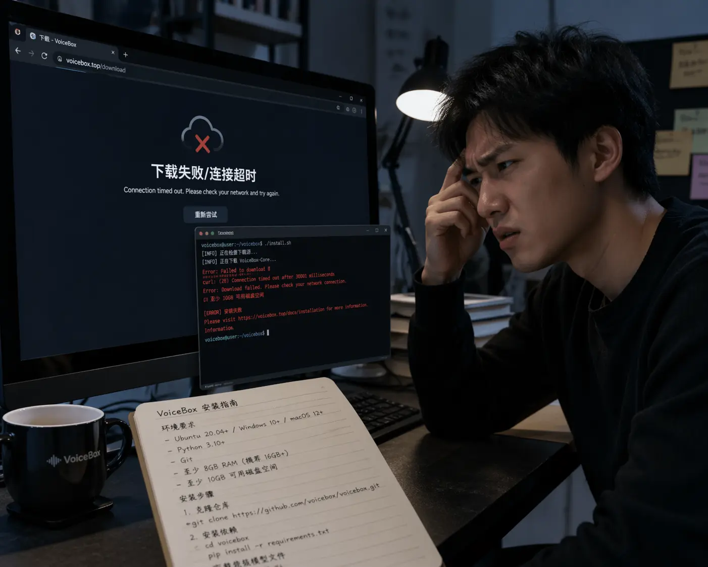 用户尝试下载VoiceBox遇到翻墙和配置困难,体现VoiceBox Web版无需下载无需翻墙的价值