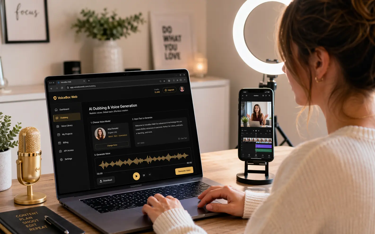 短视频博主使用VoiceBox Web版声音克隆功能为知识口播生成AI配音,无需下载