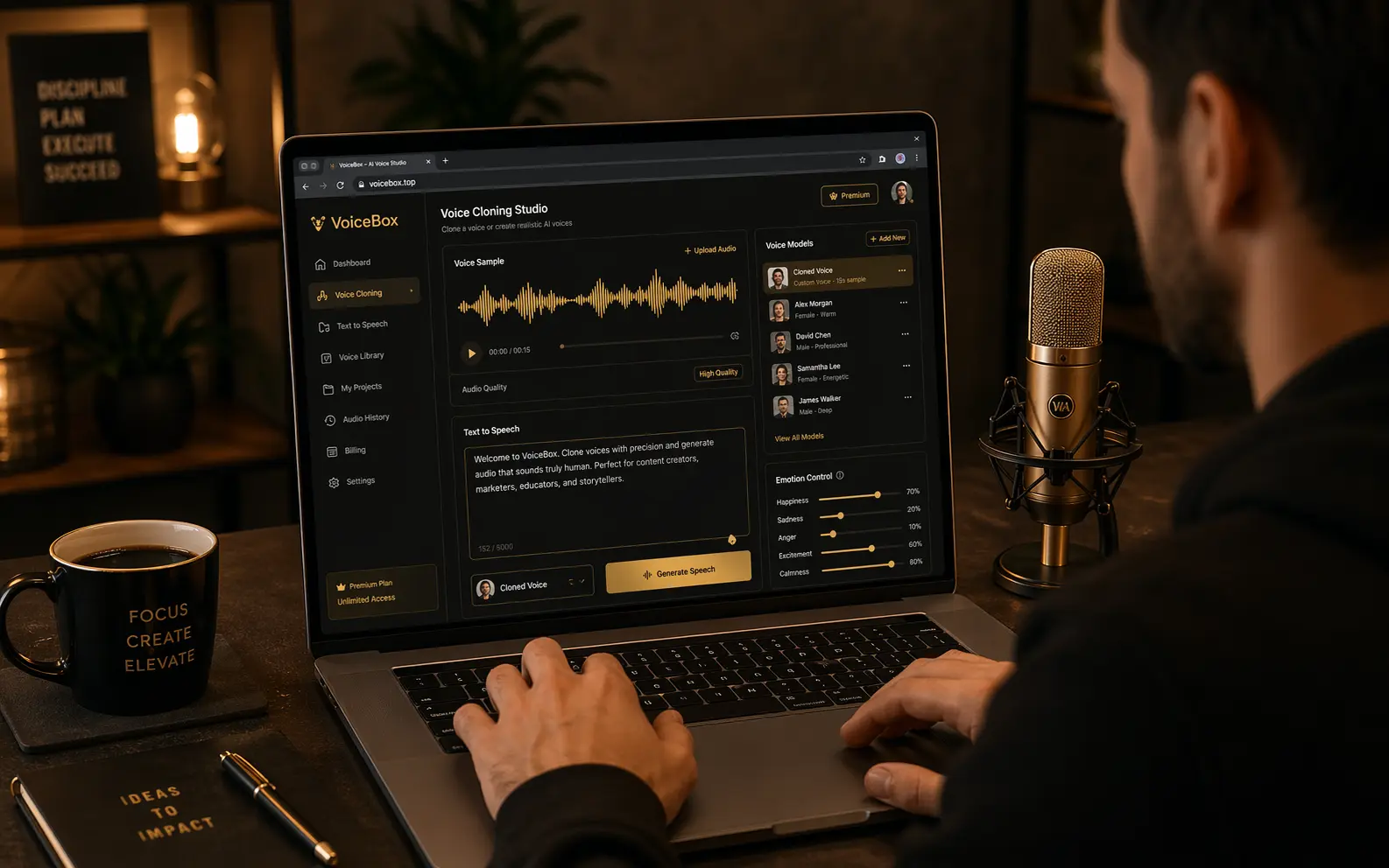 VoiceBox Web版在线声音克隆与AI配音操作界面,用户无需下载直接在浏览器中使用VoiceBox AI